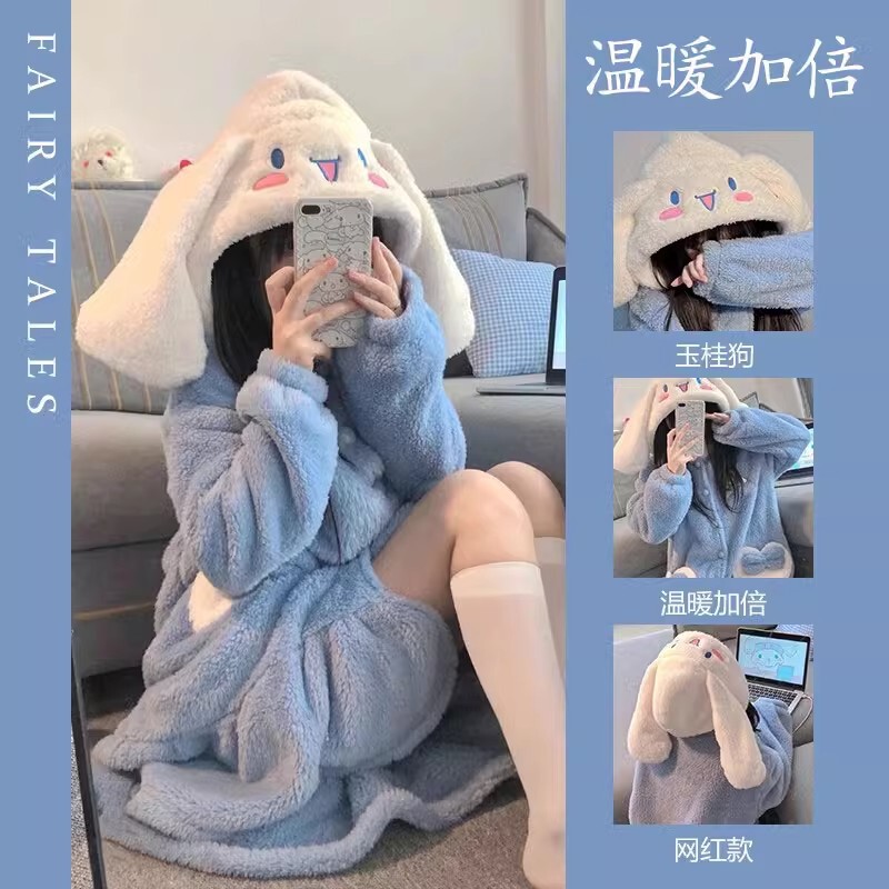 Coral Fleece Pajamas Cartoon Robe 2024 New Women's Winter Bathrobe Thickened Long Fleece Nightgown Cute and Fun