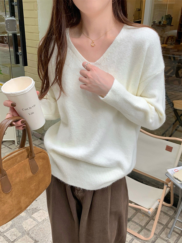 简约v领针织衫女秋季新款ins基础款宽松内搭上衣休闲百搭打底毛衣|undefined