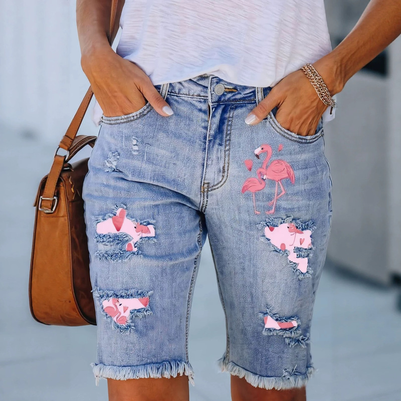 Temu European and American Cross-Border Tiktok Women's Jeans with Ripped Holes and Flamingo Print, Fashionable Cropped Casual Jeans Temu European and American Cross-Border Tiktok Women's Jeans with Ripped Holes and Flamingo Print, Fashionable Cropped Casual Jeans