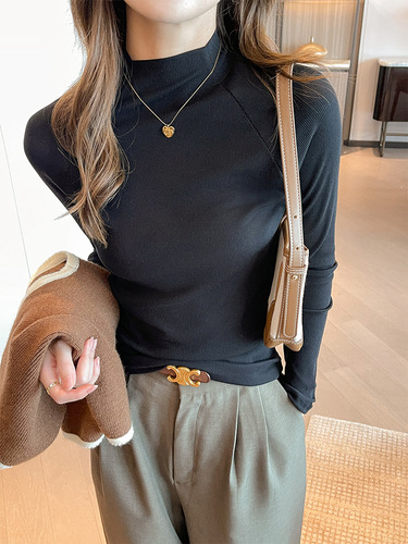 Thread half-height crew neck women's underpant with crossover sleeves, modal long sleeve autumn winter outerwear, high-end upper garment