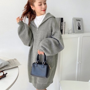 Multiplication New Women's Polo Collar Women's Midi Sweater Dress Base Knitted Dress