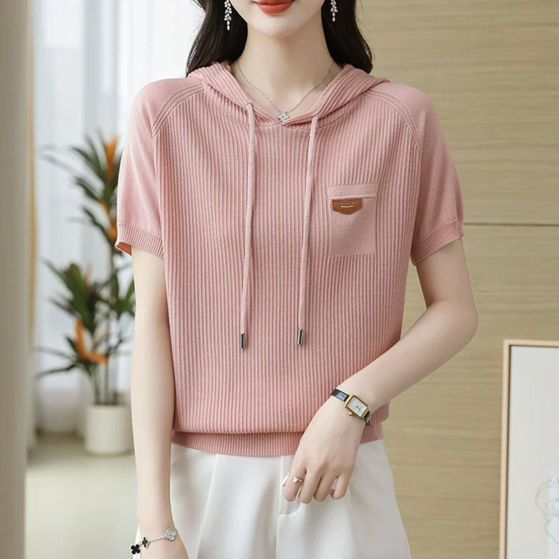Hooded short-sleeve t-shirt for women, Lyocell Tencel top, summer 2026 new thin ice silk knit hoodie Hooded short-sleeve t-shirt for women, Lyocell Tencel top, summer 2026 new thin ice silk knit hoodie