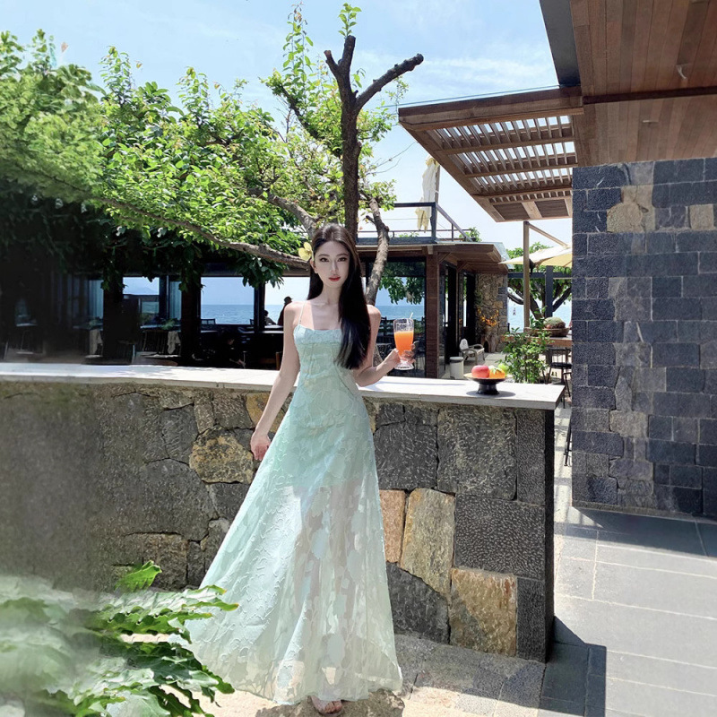 2025年夏季海边度假风薄荷曼波浅绿色提花吊带连衣裙显高优雅裙子|undefined
