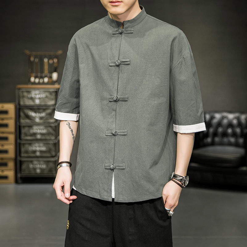 Verano más tamaño estilo chino hebilla camisa de manga corta hombres de hielo de seda Tang traje antiguo de algodón y lino Hanfu retro Zhongshan traje