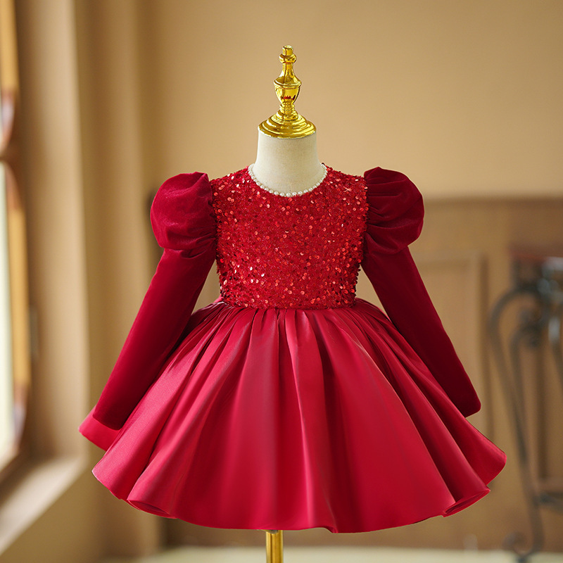 Girls' First Birthday Dress 2026 New Style Burgundy Sequined Puffy Princess Dress Little Girl's Birthday Party Dress