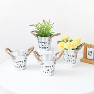 Original color tin flower pot hemp rope binaural small flower pot factory direct English letters small barrel pastoral vintage tin bucket