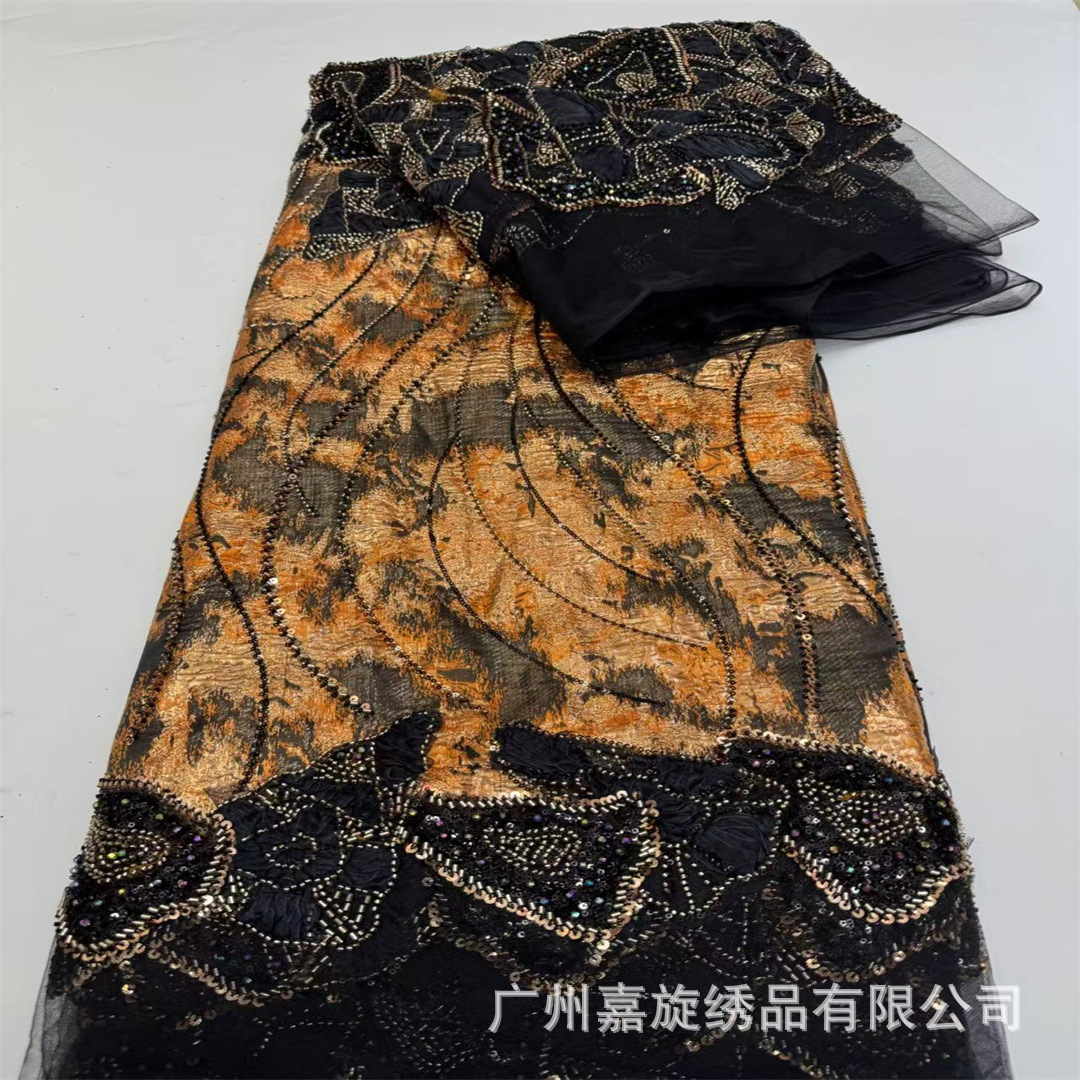 轻奢镶钻珠管绣拼接烫金锦缎提花刺绣面料晚礼服舞台服旗袍裙布料