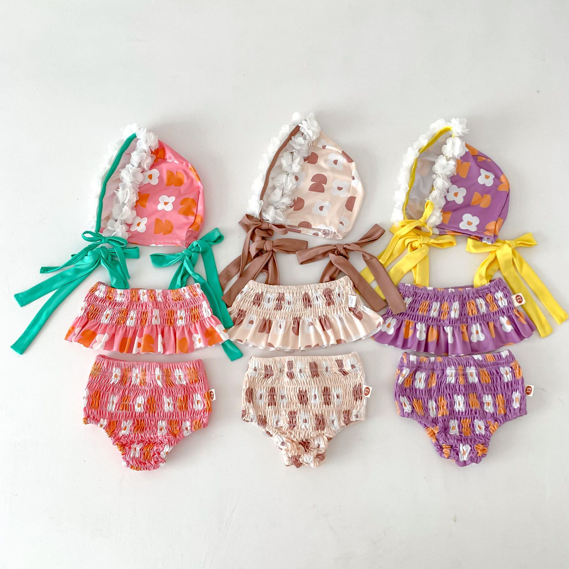 Korean style summer new children's clothing, girls' flower hooded onesie swimsuit, newborn bikini two-piece swimsuit