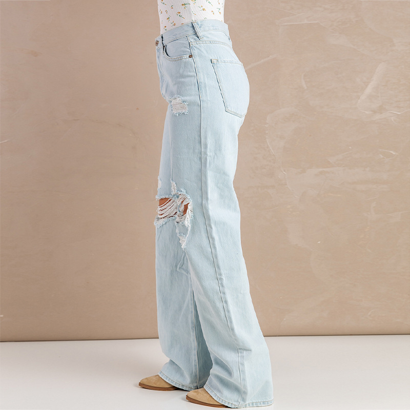 时颖亚马逊浅色牛仔裤女春夏新款欧美跨境水洗高腰宽松休闲长裤女