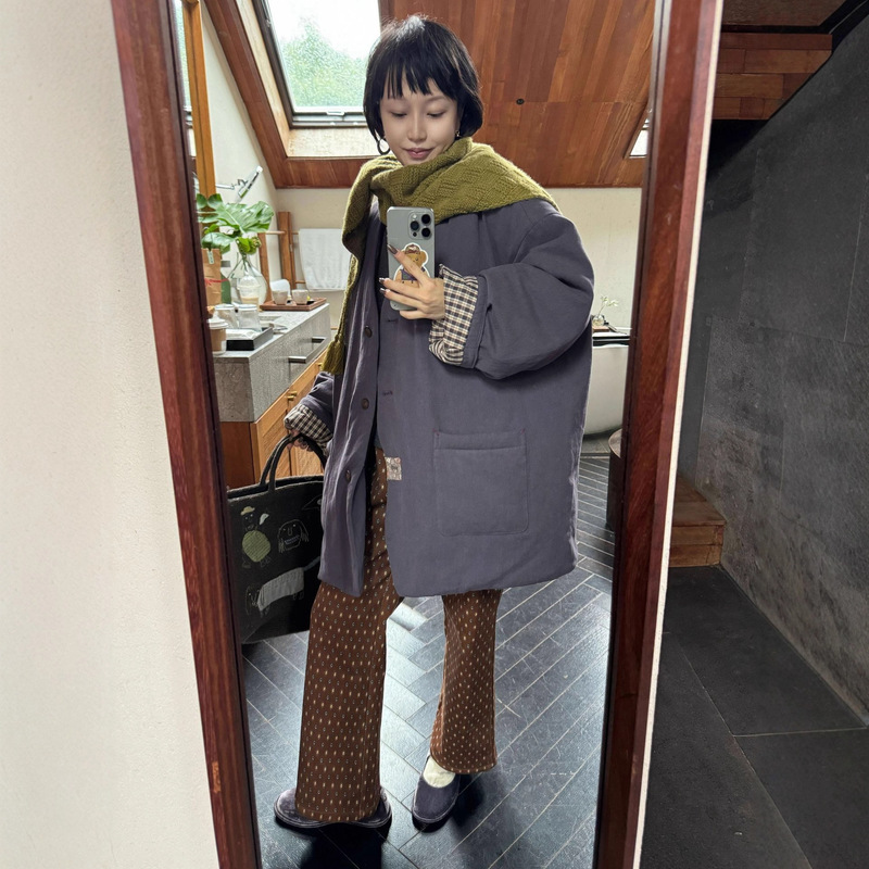 Heavy-Duty Vintage Tencel Ramie Cotton Jacket down Coat V-Neck Loose Plaid Cuffs Color-Blocked Cotton Coat C1206