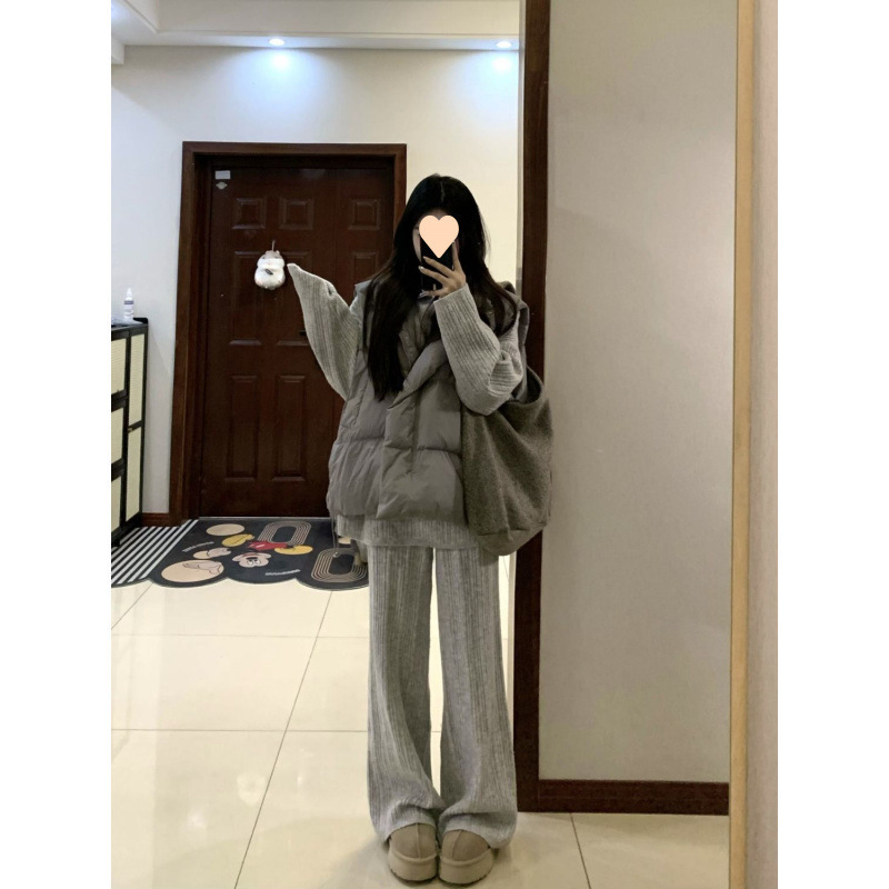 女复古保暖棉服马甲外套秋冬装叠穿针织毛衣长裤套装时尚三件套|undefined