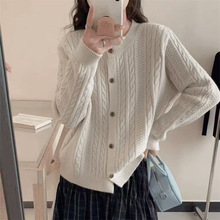 复古玫瑰花扣麻花针织开衫女2025秋冬新款设计感时尚百搭女装毛衣