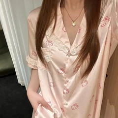 可爱KT猫冰丝睡衣女三件套夏季翻领短袖日系卡通甜美家居服套装