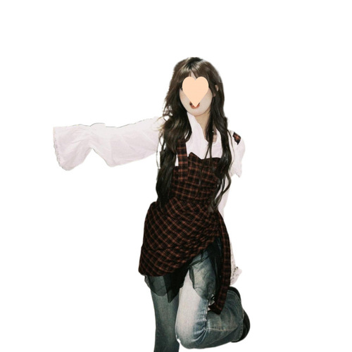 Spring Set Sweet and Spicy Plaid Belted Slimming Dress + Long-Sleeve White Design Shirt Two-Piece Set