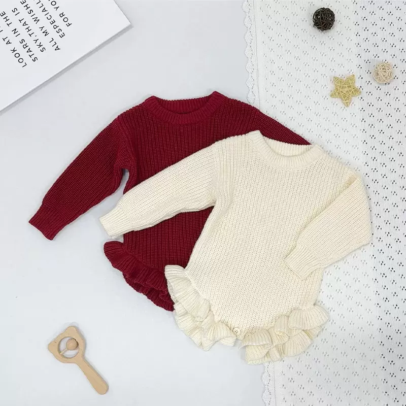 婴儿包屁衣a类针织连体衣女宝圣诞爬服小月龄纯棉红色毛衣秋冬款