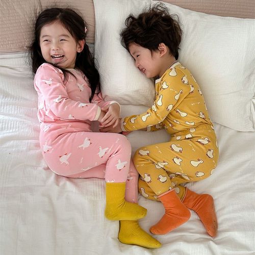 Children's Korean Version Warm Autumn Home Clothing Pajamas 100% Cotton A Grade for Boys and Girls, Fleece Autumn Top and Bottom, Baby Pajamas