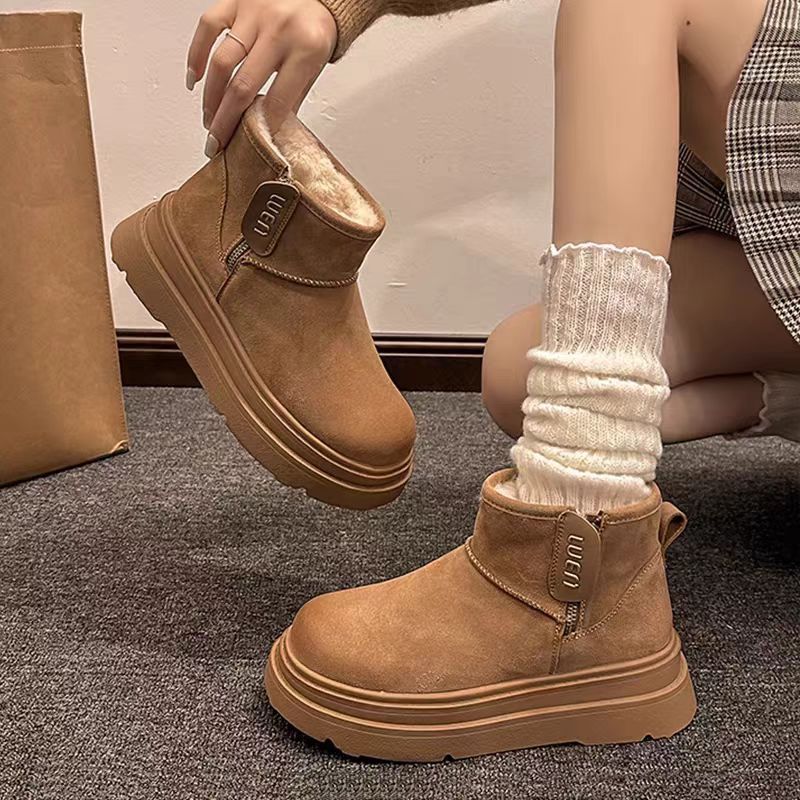 Thick-Soled Snow Boots for Girls 2025 Winter New Retro Short Boots Fleece-Lined Thickeneded Non-Slip Warm Large Cotton Shoes