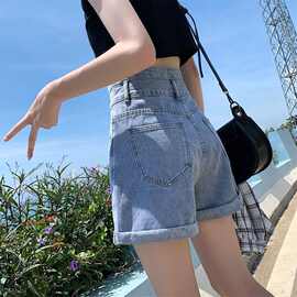 超高腰牛仔短裤女夏季2021新款韩版a字卷边宽松显瘦阔腿热裤ins潮