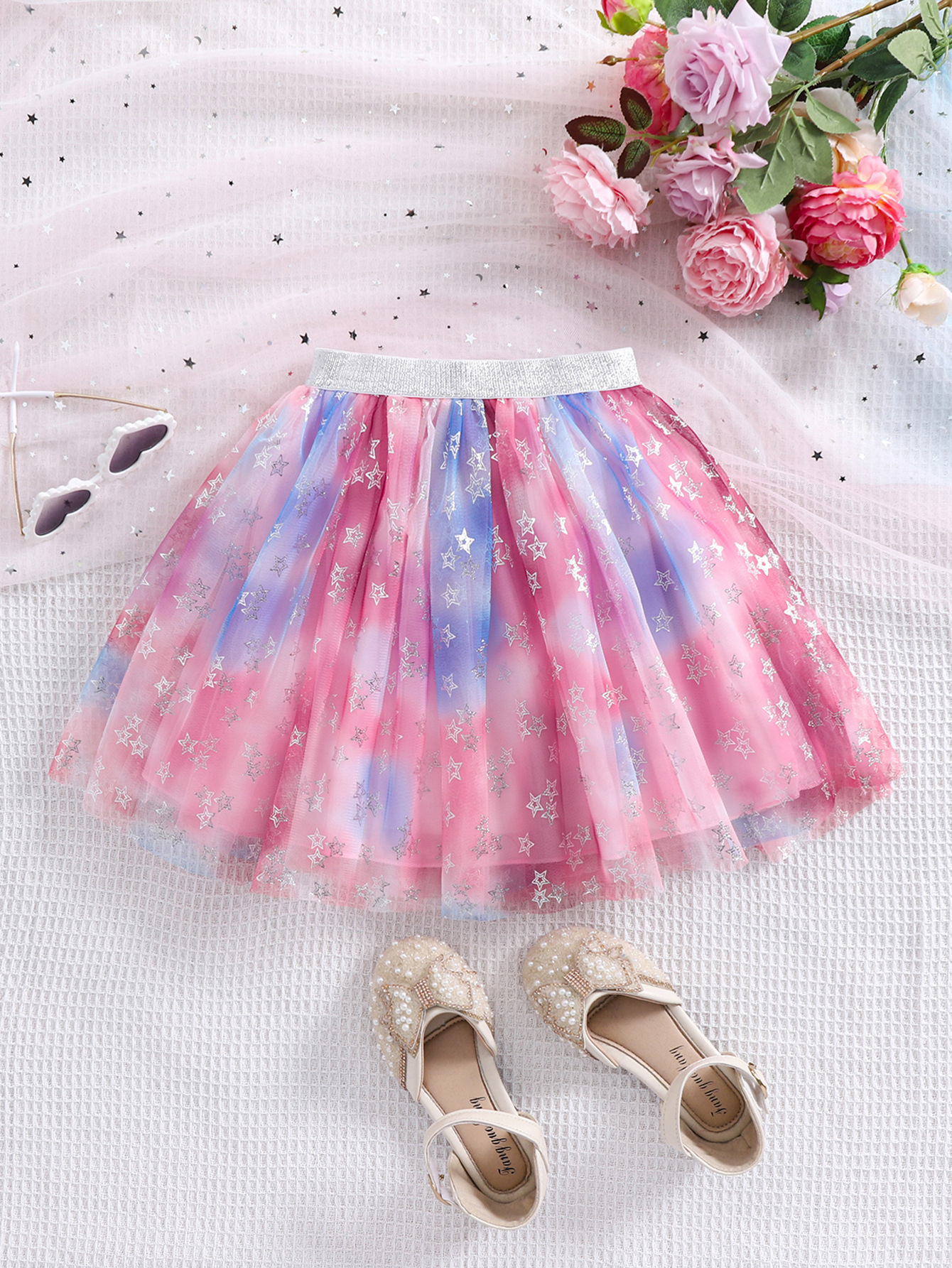 Nuevo vestido de malla de estrella de color gradiente, vestido de cumpleaños para niñas, vestido de Tutu, vestido de corset universal