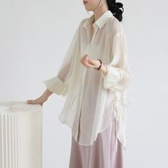 女性用テンセル日焼け止めシャツ、サスペンダースカートとブラウスを合わせた夏用の薄いアイスシルクカーディガン、妖精のようなシフォントップ