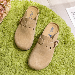 Genuine Leather Half-Slip-on Birkenan Shoes Women's 2025 New Style Flat Summer Outwear Slippers Slip-on Lazy Shoes