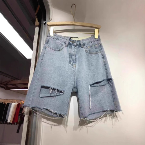 Light Blue Ripped Denim Five-Pocket Women's Summer Korean Version High-Waist Hip-Hop Loose Wide-Legged Plus Size Slimming Versatile Five-Pocket Pants