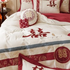 中国風のお祝い用綿100％起毛4点セット 秋冬用結婚式用赤色厚手掛け布団カバー嫁入り用寝具