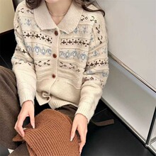 2025秋冬新款学院翻领毛衣外套女宽松慵懒风撞色提花针织开衫上衣