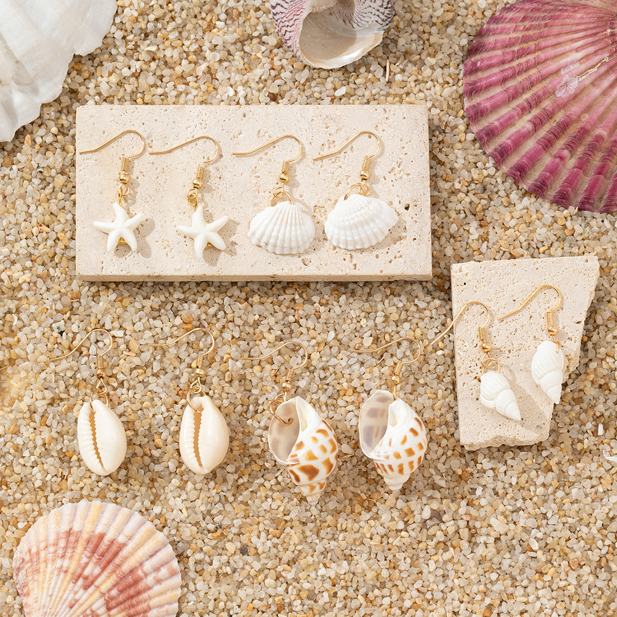 Natural Shell Conch And Starfish Ocean Beach Vacation Earrings_voghion.com