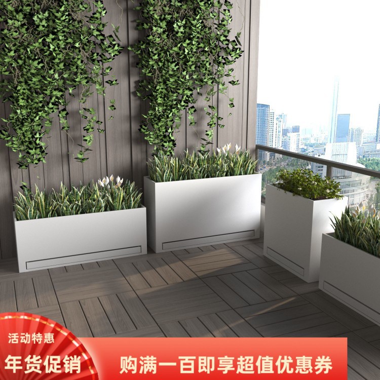 Rectangular outdoor iron flower box with water tray for balcony, terrace, and rooftop, simple planting box, specially designed long shape