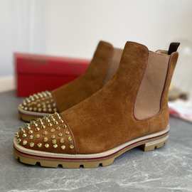 2025新款CL高帮男鞋切尔西短靴时尚鞋头铆钉靴子厚底光面红底皮靴