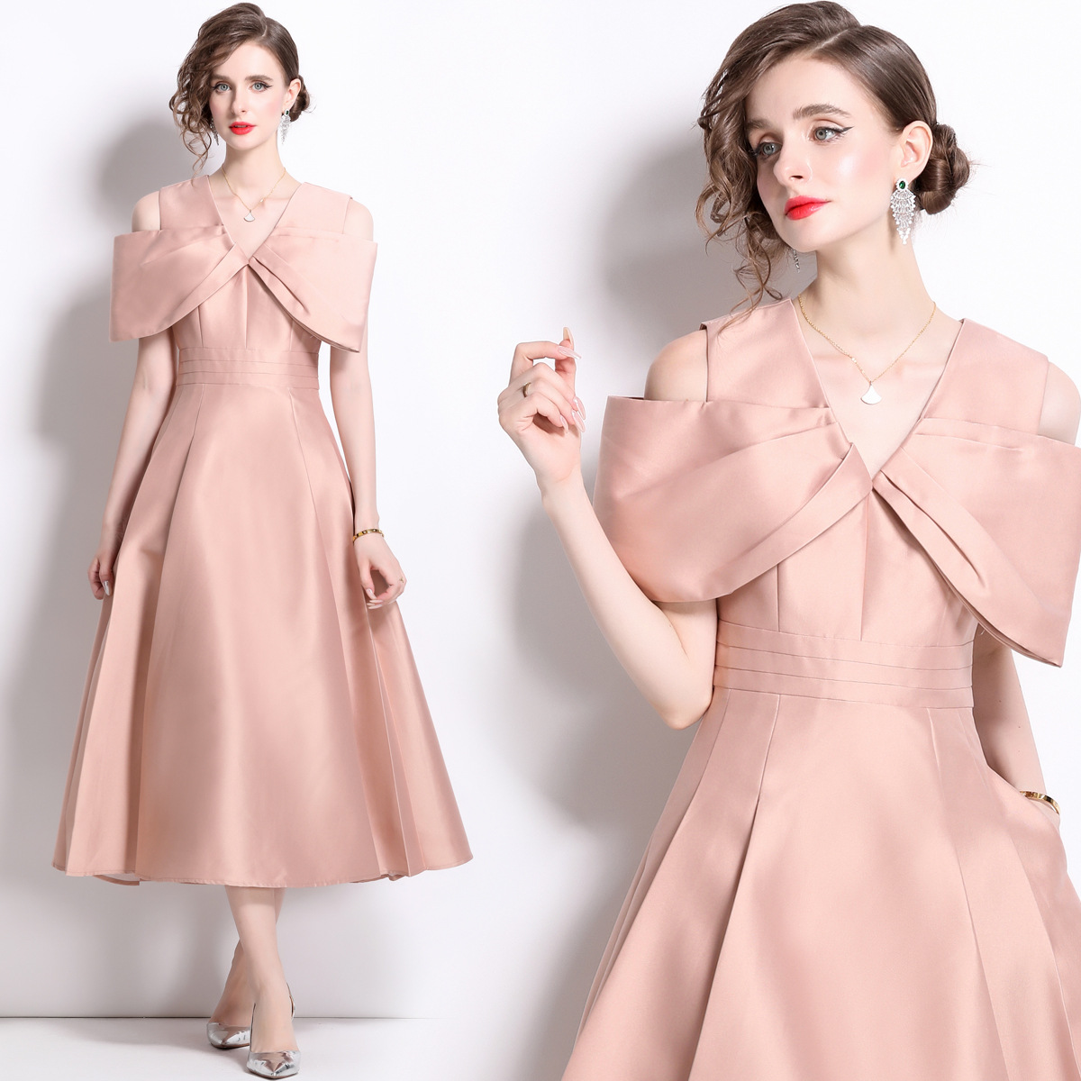 1658 Real Shot of New Summer Women's Elegant Stereo Big Bow High Waist Long Skirt Dress
