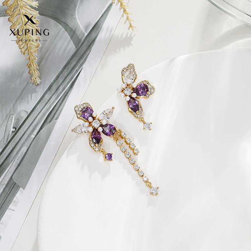 Serie de tesoros de color xuping flores dulces, pendientes asimétricas de borla, pendientes de mujer de lujo ligero y de alto nivel, pendientes de estilo pastoral