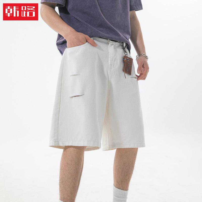Ripped Design Micro-A Denim Shorts for Men, New Summer Style, Straight Loose Mid-Length Pants, Trendy Casual Five-Point Pants Ripped Design Micro-A Denim Shorts for Men, New Summer Style, Straight Loose Mid-Length Pants, Trendy Casual Five-Point Pants