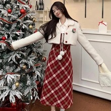 圣诞公主风时尚套装女秋冬新款短款羊羔毛外套格子毛呢连衣裙
