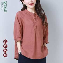 纯棉衬衫女装宽松大码2025夏季新薄款七分袖仿麻防晒打底衫上衣潮