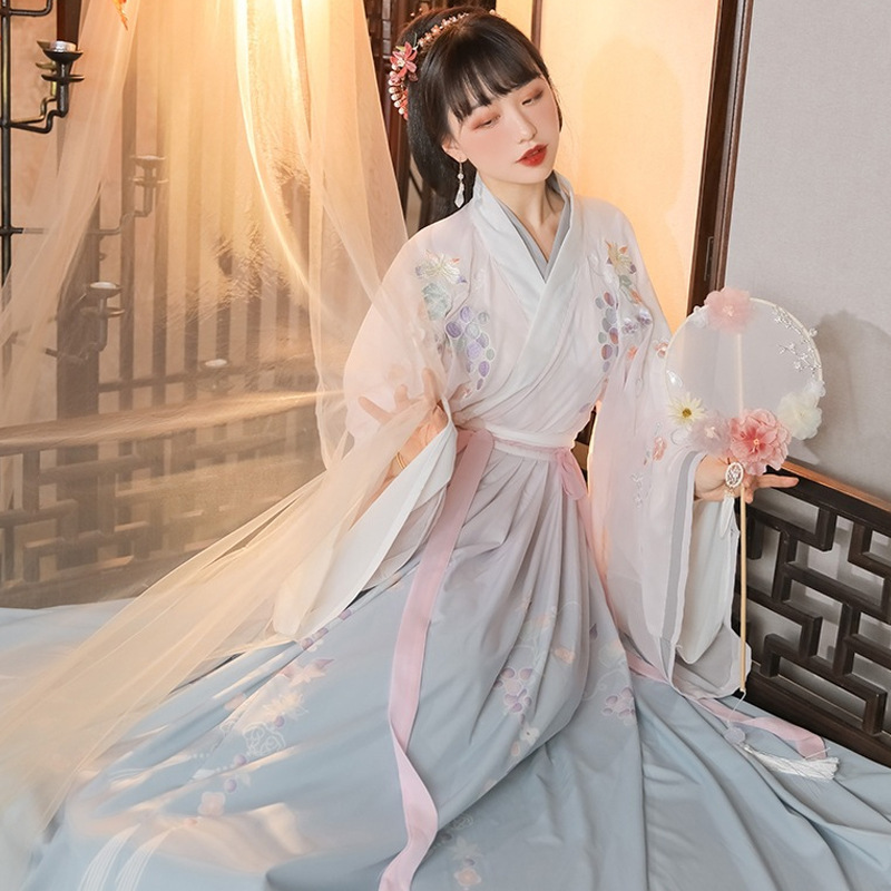 Wei Jin Style Wide Sleeve Adult Women's Clothing Spring and Summer Collar Printed Embroidered Skirt Large Sleeve Shirt Daily Hanfu Printed