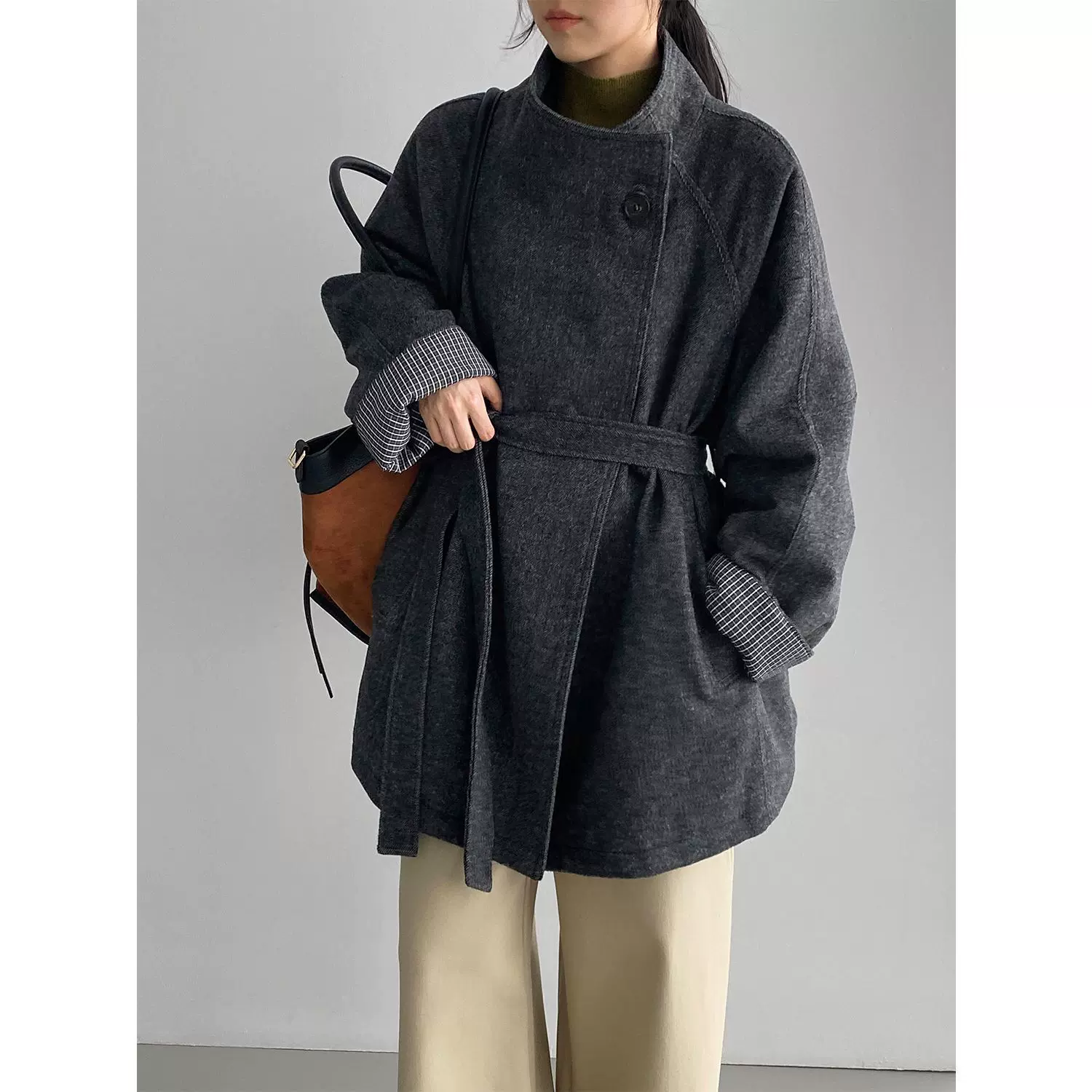 那末冬日高级感90白鸭绒内胆立领廓版格子风衣羽绒服外套女5052-2