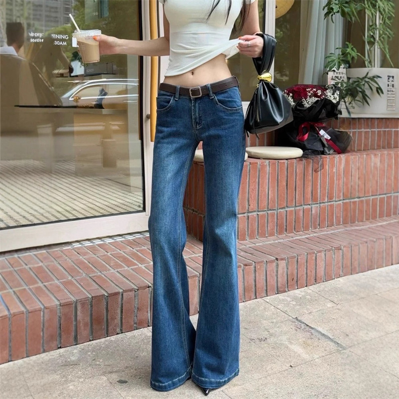Dark Blue Bootcut Jeans for Women 2025 Autum New American Retro Low-Waist Straight Elastic Non-Leg-Hugging Bell-Bottom Pants