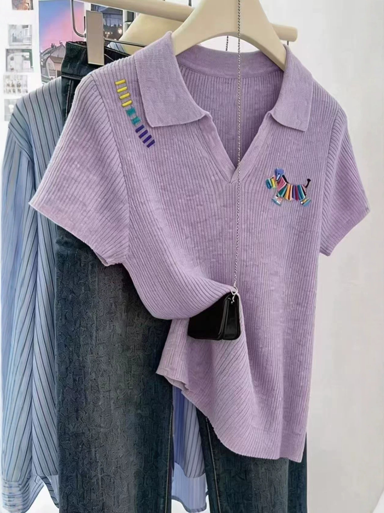 Áo thun cổ Polo nữ tay ngắn chất liệu cotton lạnh thêu hình ngựa nhỏ — màu tím
