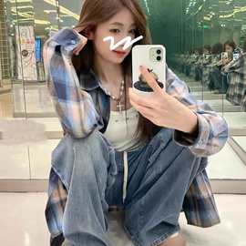 原版质量美式复古撞色格子防晒衬衫男女长袖休闲宽松薄款外套衬衣
