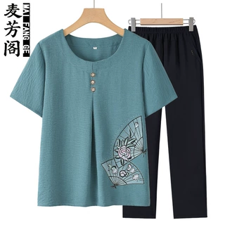 妈妈夏季短袖套装女新款中老年人夏装奶奶洋气T恤老人太太两件套