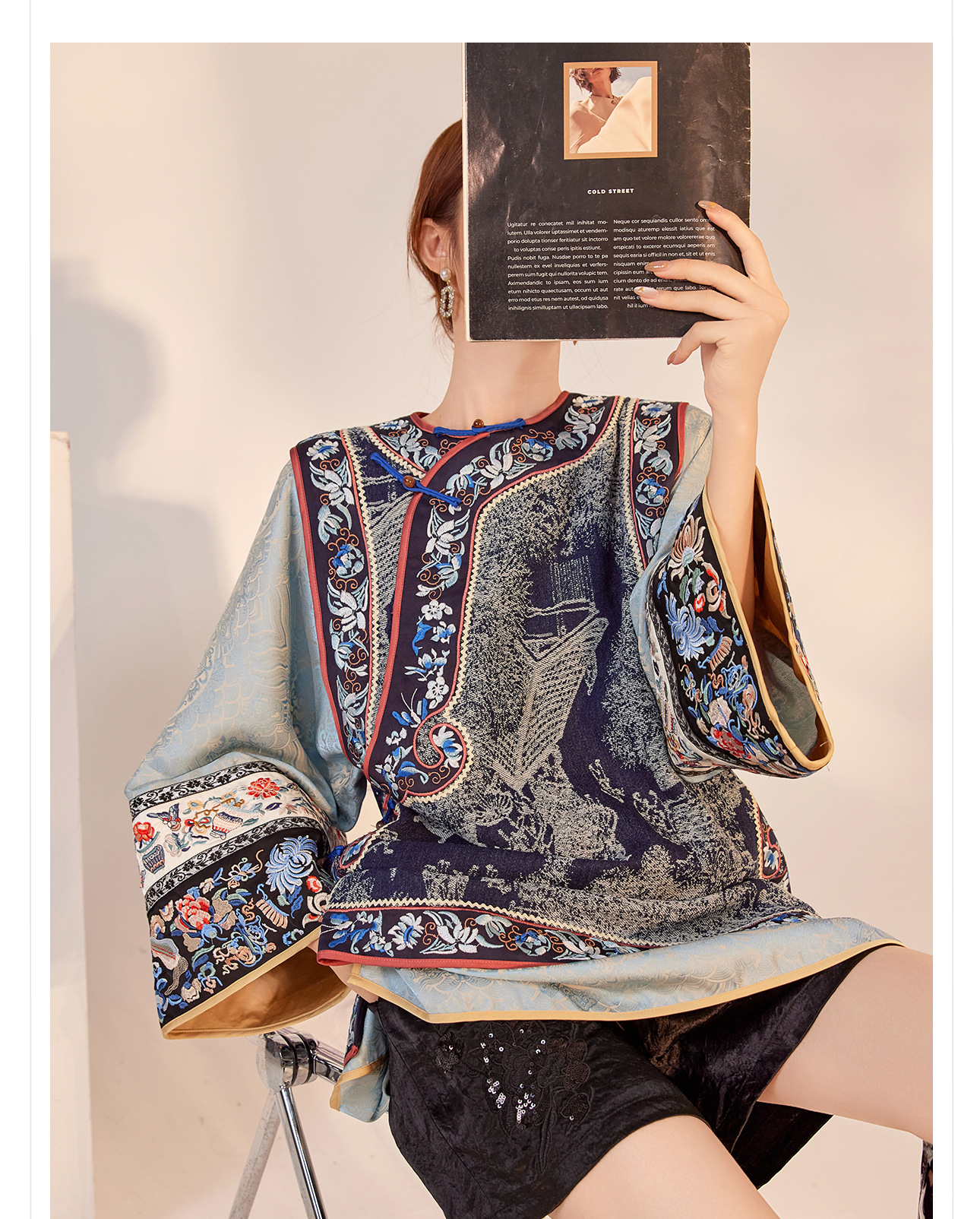 Áo khoác blazer nữ kiểu Trung Quốc cao cấp chất lụa jacquard tay dài mùa thu — Màu xanh lam nhạt chi tiết 12