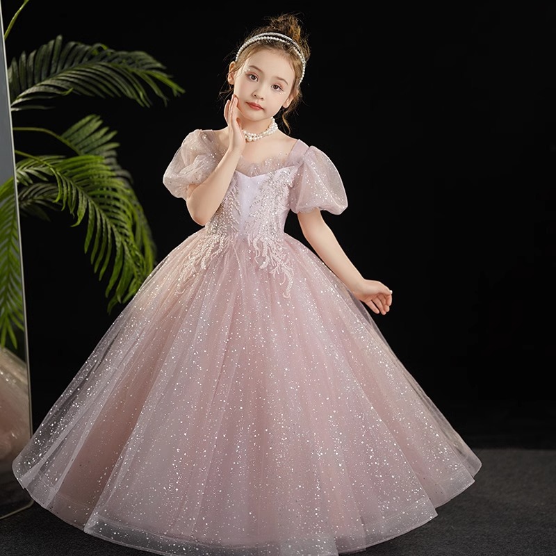 Prinzessinnen-Ballkleid für Mädchen – Rosa Partykleid mit Puffärmeln für Aufführungen und Festumzüge – Atmungsaktives Polyester (80–160 cm) – Sicherheitsklasse B zertifiziert_voghion.com