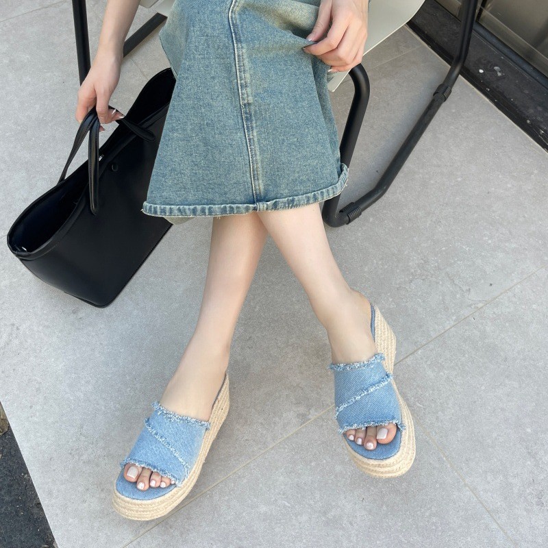 Sandali con zeppa in jeans stile francese da donna in paglia_voghion.com