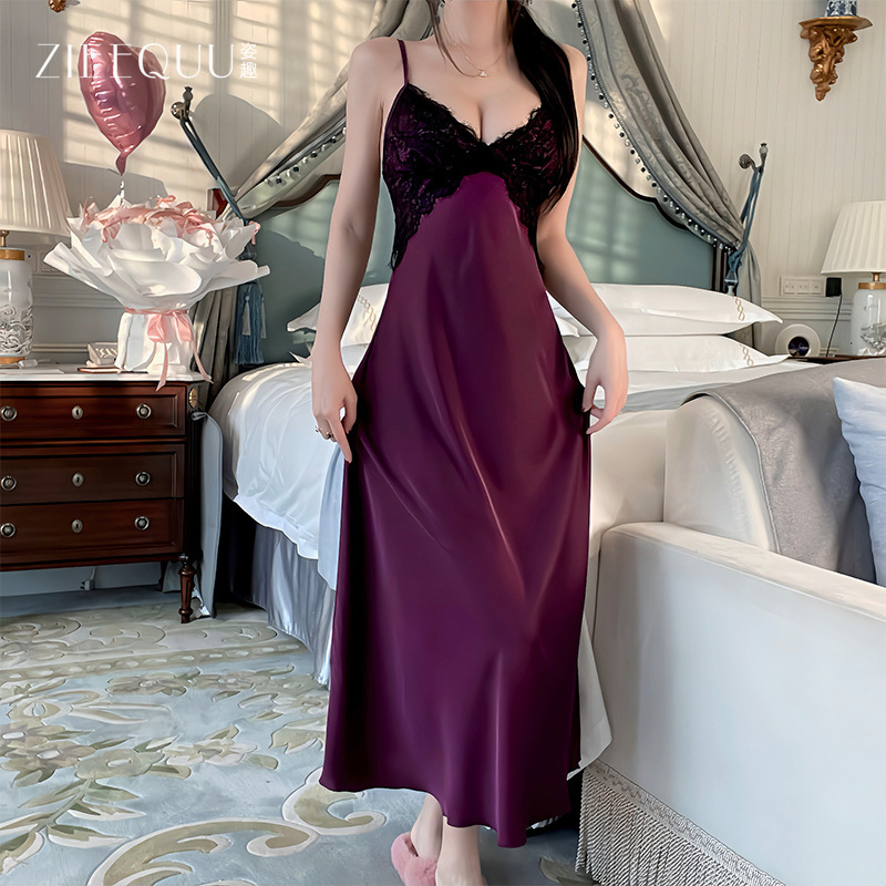 Sexy and Playful Thin Pajamas with Chest Pads, Long Over-The-Knee French-Style Camisole Nightdress with an Open Back, Loungewear 6427