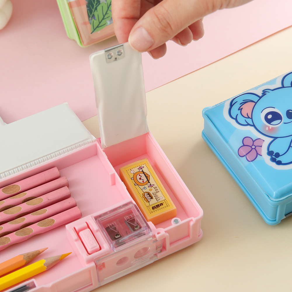Caja de papelería de niños, caja de lápiz de color, caja de almacenamiento multifuncional de doble cara, papelería para estudiantes de primaria
