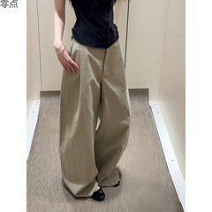 レトロなドレープワイドレッグスーツパンツ女性のための春と夏の通勤ズボンルーズオールドマネースタイルデザインレイジーカジュアルパンツ