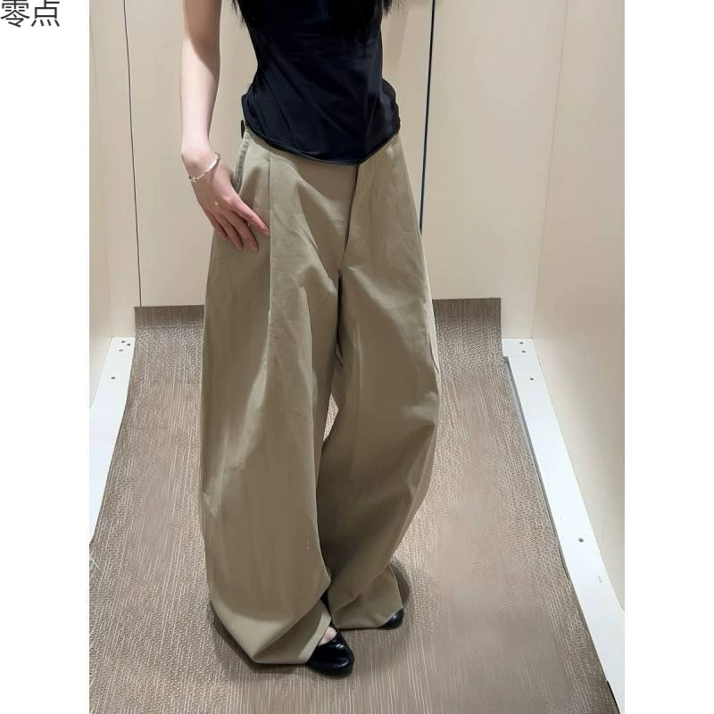 Винтажные широкие брюки с драпировкой для женщин, длинные брюки для поездок на работу весной и летом, свободный стиль старых денег, дизайнерские ленивые повседневные брюки.