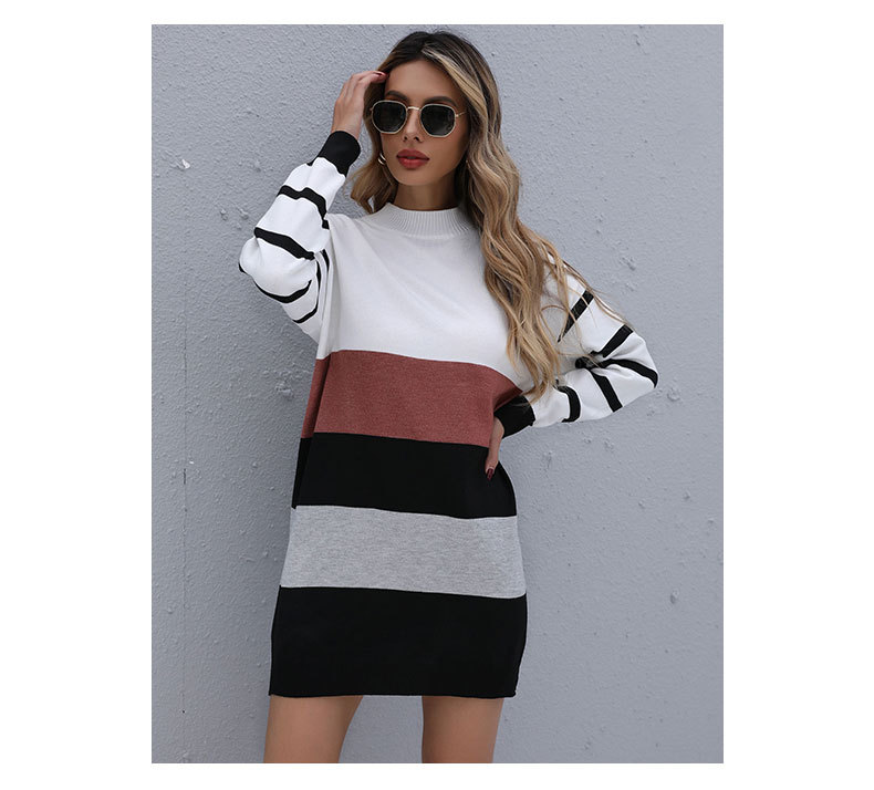 half high collar striped color matching knitted sweater dress nihaostyles wholesale clothing NSDMB89408